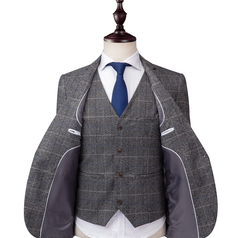 2019 Grey Mens Suits Tweed Wool Check Suits Regular Fit Groom Tuxedos Custom Made Plaid Wedding Tuxedos Formal Dress