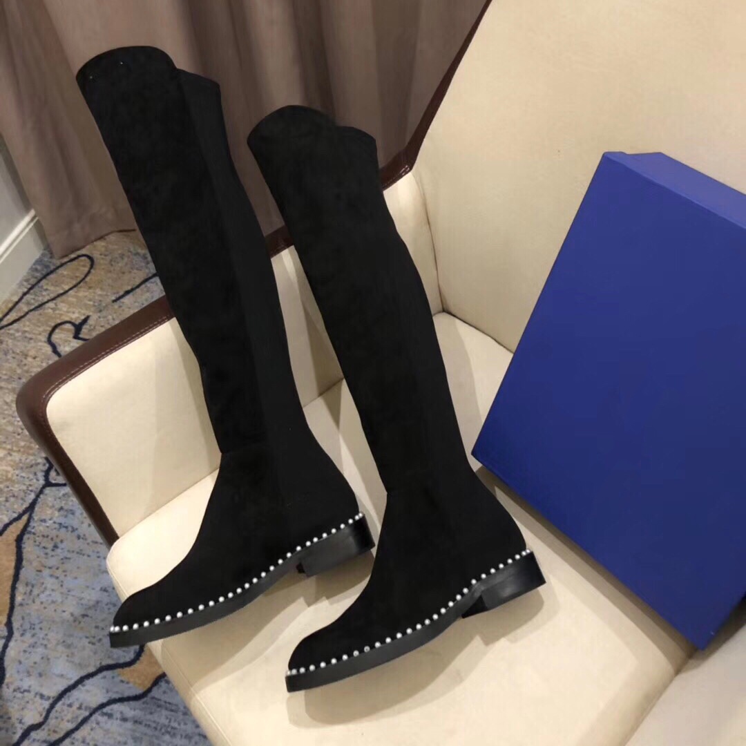 Hot Sale-Women High Silk Sheepskin Knee High Dress Boots fashion Pearl Low Heel Thigh-High Boots Winter Plush Black Snow Knight Boots