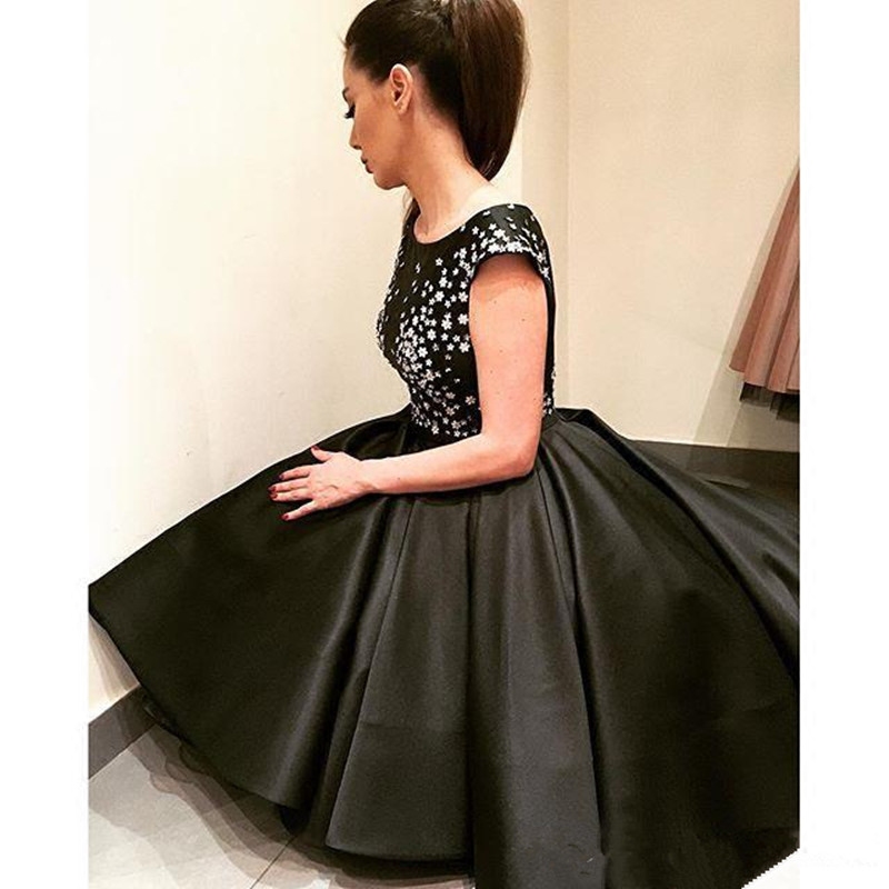 Prom Dresses Hi Lo Fancy Black Satin Ball Gown Party Dresses Cocktail Dress Cap Sleeves Evening Gowns