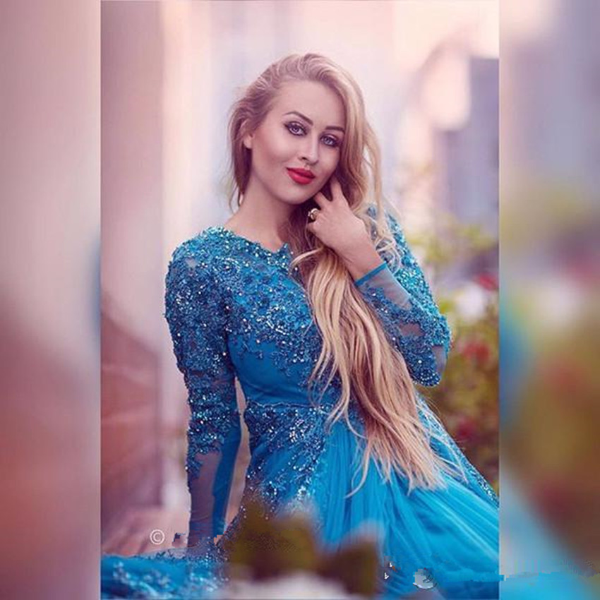 2020 Turquoise Long Sleeve Bridal Evening Dresses Sparkly Beading Tulle Lace Crew Neck Plus Size Mother of the Bride Dress Arabic Prom Gowns