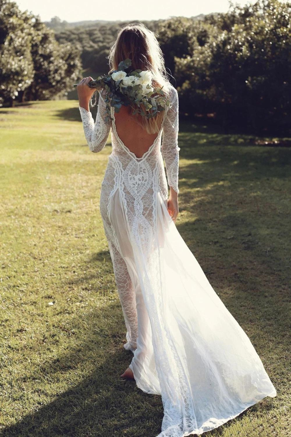 Lace Mermaid Wedding Dresses Bohemian Beach Boho Bridal Gowns Romantic France Long 2021 Bride Dress Sexy Backless Full Sleeve Illusion