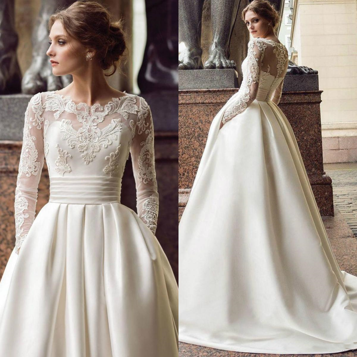 Vintage Satin Long Sleeve Wedding Dresses Appliqued A Line 2019 Bridal Gowns Turkey Vestidos de Novia Sweep Train Wedding Dress, White
Vintage Satin Long Sleeve Wedding Dresses Appliqued A Line 2019 Bridal Gowns Turkey Vestidos de Novia Sweep Train Wedding Dress, White