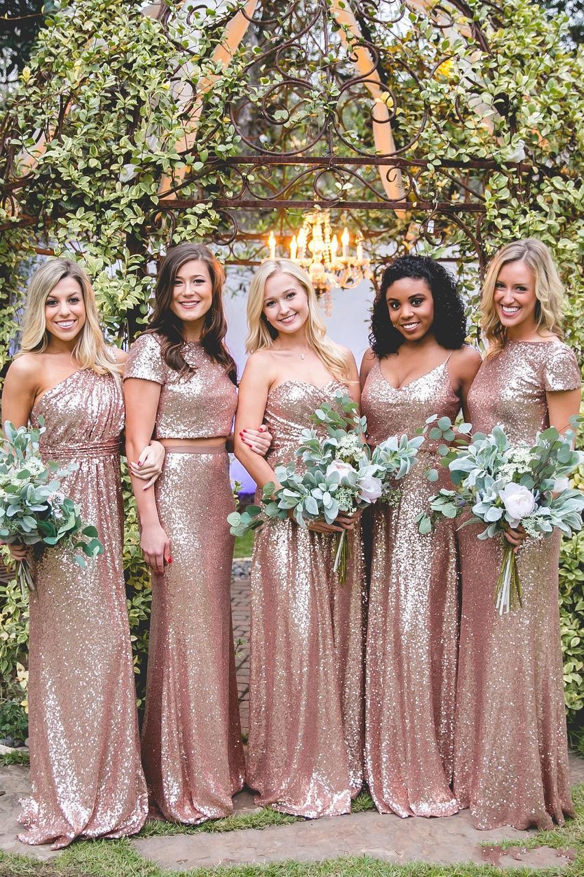 Sparkly Rose Gold Mermaid Dresses 2019 Cheap New Short Sleeves Backless Long Beach Sequins Maid of Honor Bridesmaid Gowns 2024