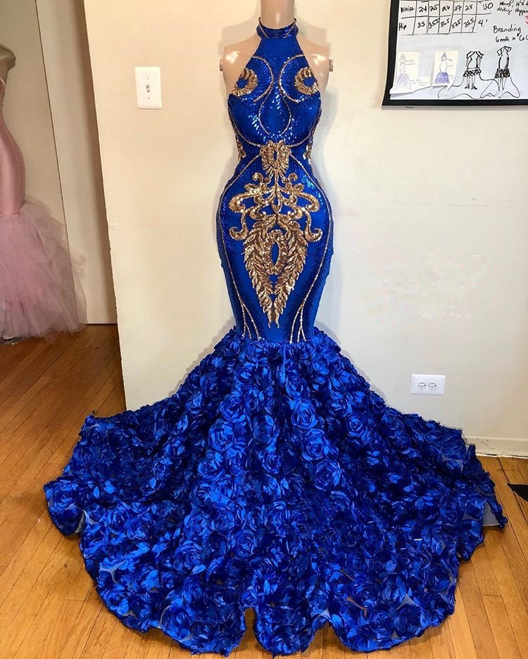 Royal Blue Mermaid Prom Dresses High Neck Gold Appliques Sequined Flowers Ruffles Evening Gowns Plus Size Arabic Special Occasion Dress