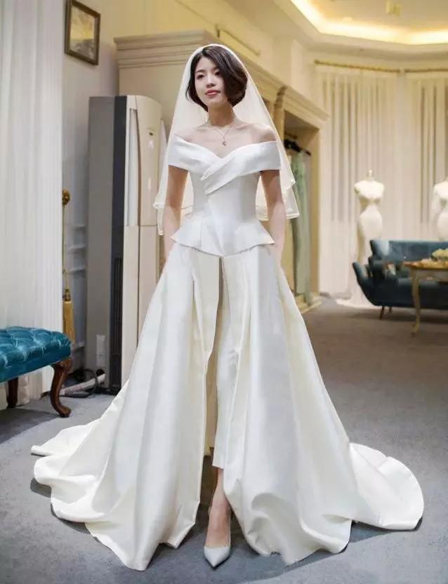 Simple Custom Made Off Shoulder Short Sleeves Bridal Jumpsuits Pants Overskirt Wedding Gowns Formal Guest Dresses 38 0510