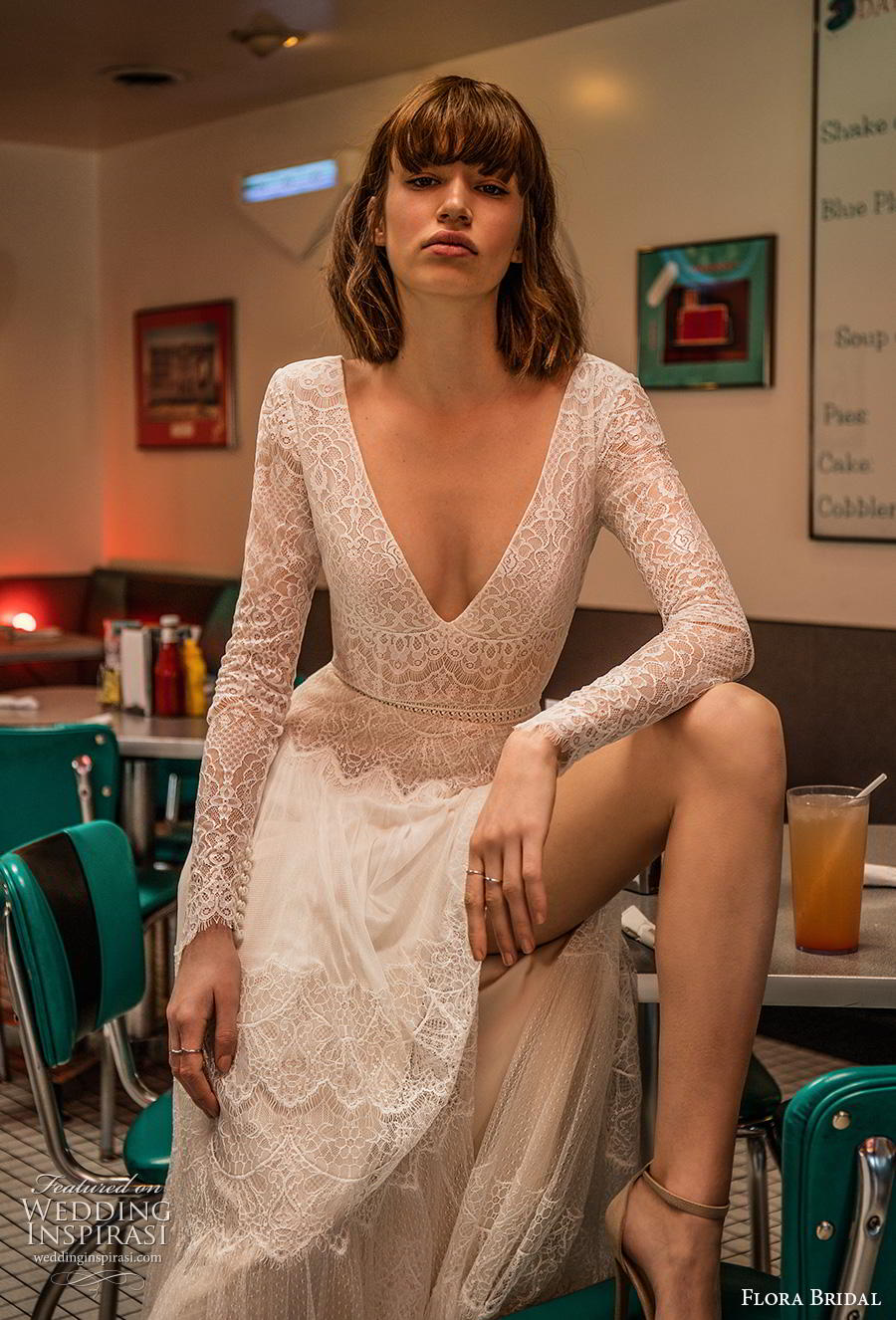 flora bridal bohemia wedding dresses deep v neck long sleeves lace appliques bridal gowns plus size beach boho robe de marie