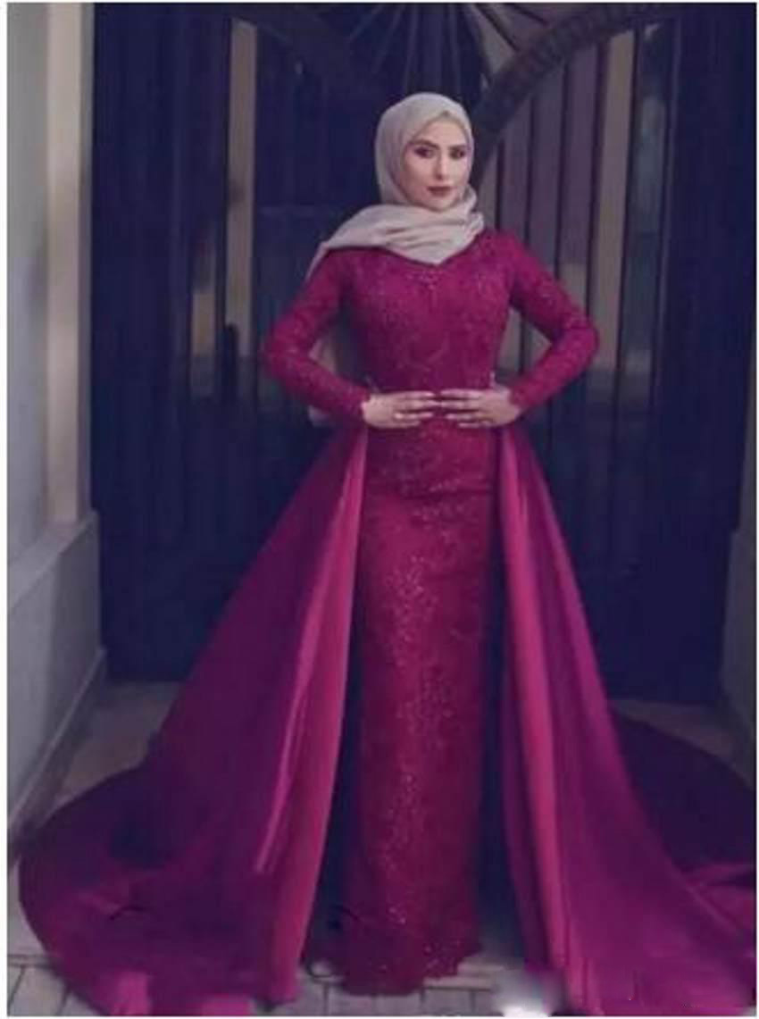 2020 New Arrival Mermaid Evening Dresses High Neck Long Sleeve Satin Sequins Formal Dresses Sweep Train Zipper Detachable Tail Party Gown