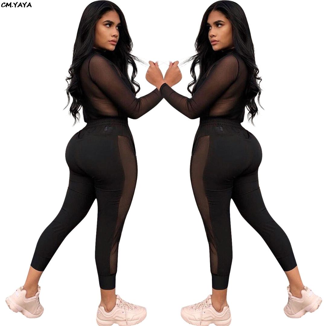 2019 new women spring long sleeve mesh patchwork letter print pencil pants two piece set sporty tracksuit outfit overalls Y8035