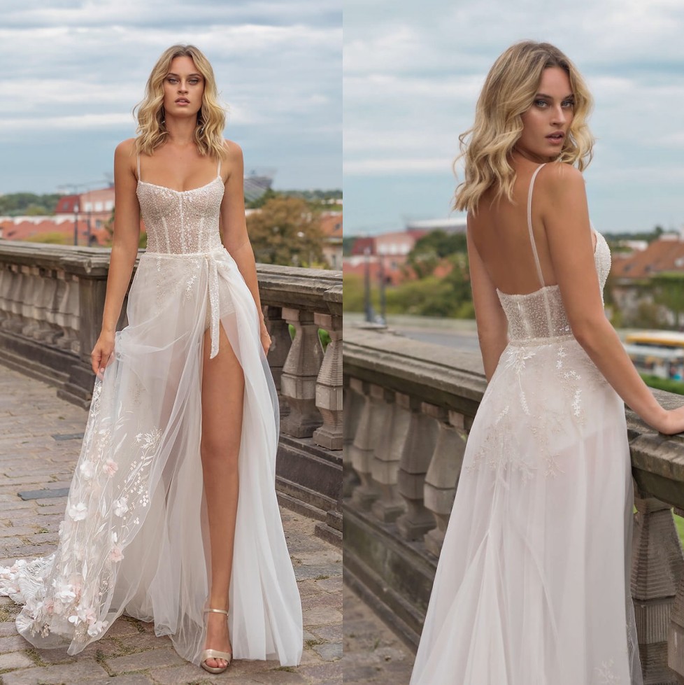 Berta Glamorous Sequined Wedding Dresses Square Neck D Appliqued Side Split Bridal Gowns Plus Size Sweep Train Tulle Robes De Mari E