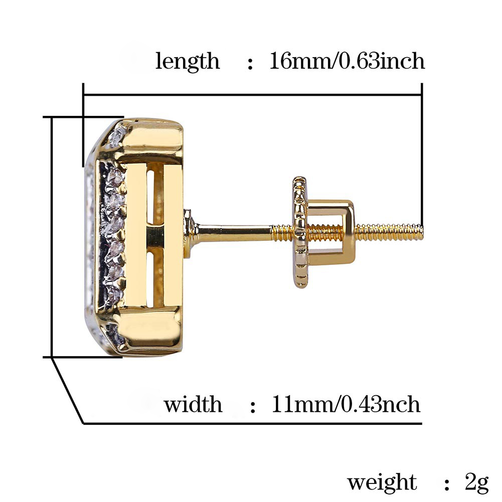 Hip Hop Square Stud Earrings Screw Back Bling Full White Zircon Earrings Gold Plated Vintage Geometric Jewelry