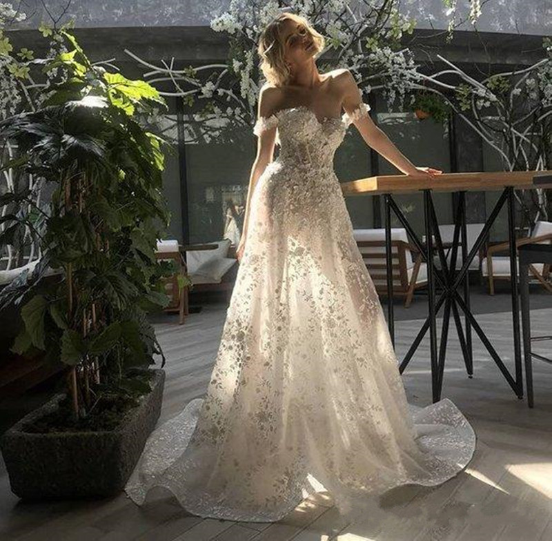 Sexy Off Shoulder Lace Wedding Dresses 3D Appliqued Backless Boho Wedding Bridal Gowns A Line Bohemian Beach Wedding Dress abiti da sposa