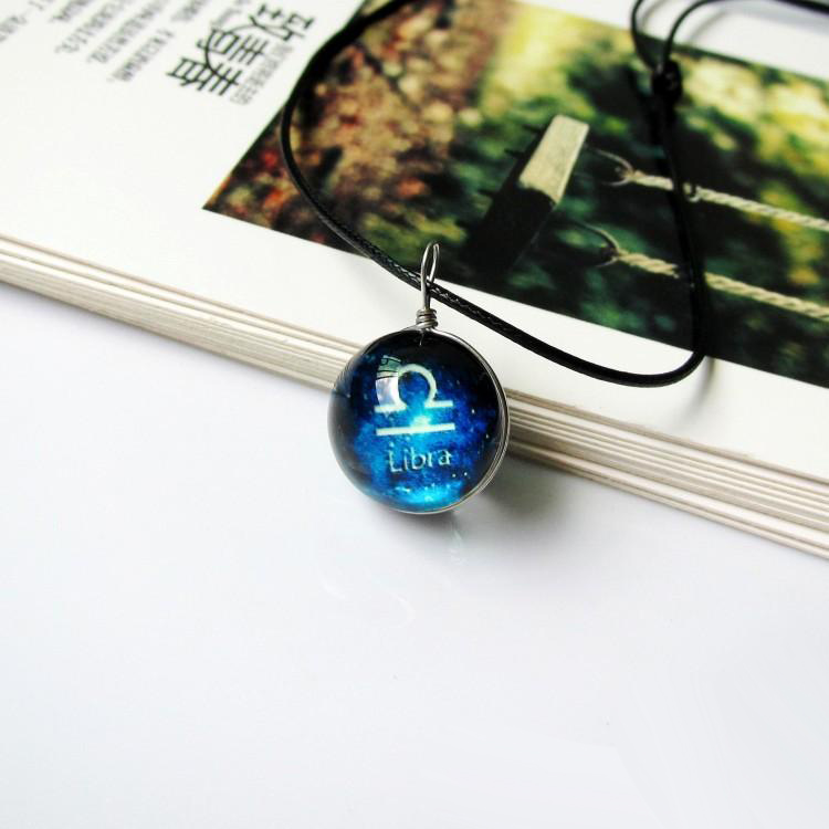 12 Zodiac Signs Luminous Necklace women Glow in the dark constellation Glass gemstone Pendant Black leather wax rope chains For Men Jewelry