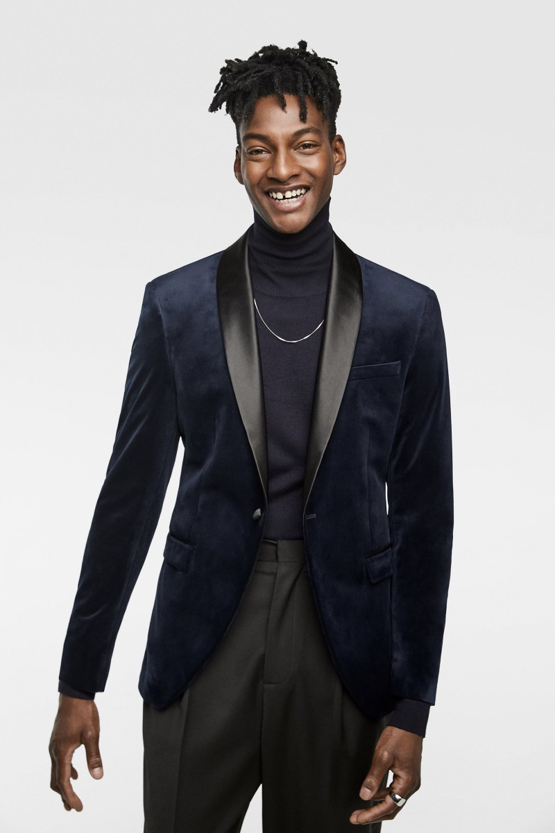 Navy Velvet Banquet Men Suits Two Pieces (Blazer+Pant) Winter Warm Wedding Groomsmen Suits With Shawl Lapel One Button