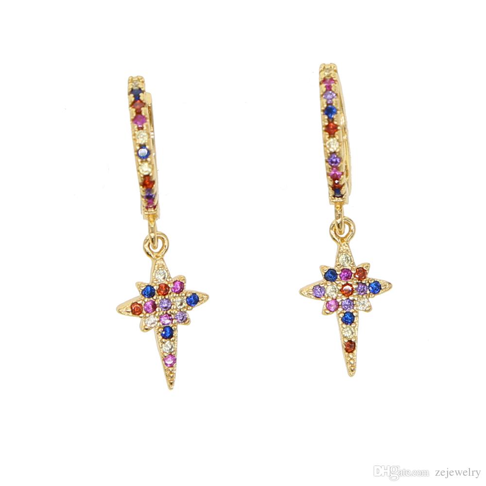 gold color rainbow cubic zirconia CZ cross snowflake hoop earrings 2018 trendy fashion women Gift party Classic earring jewelry