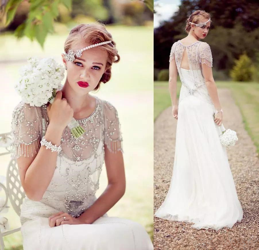 2019 New Vintage Great Gatsby Sparkly Crystal Beach Wedding Dresses Jenny Packham Cap Sleeve Country Open Back Bridal Wedding Gowns