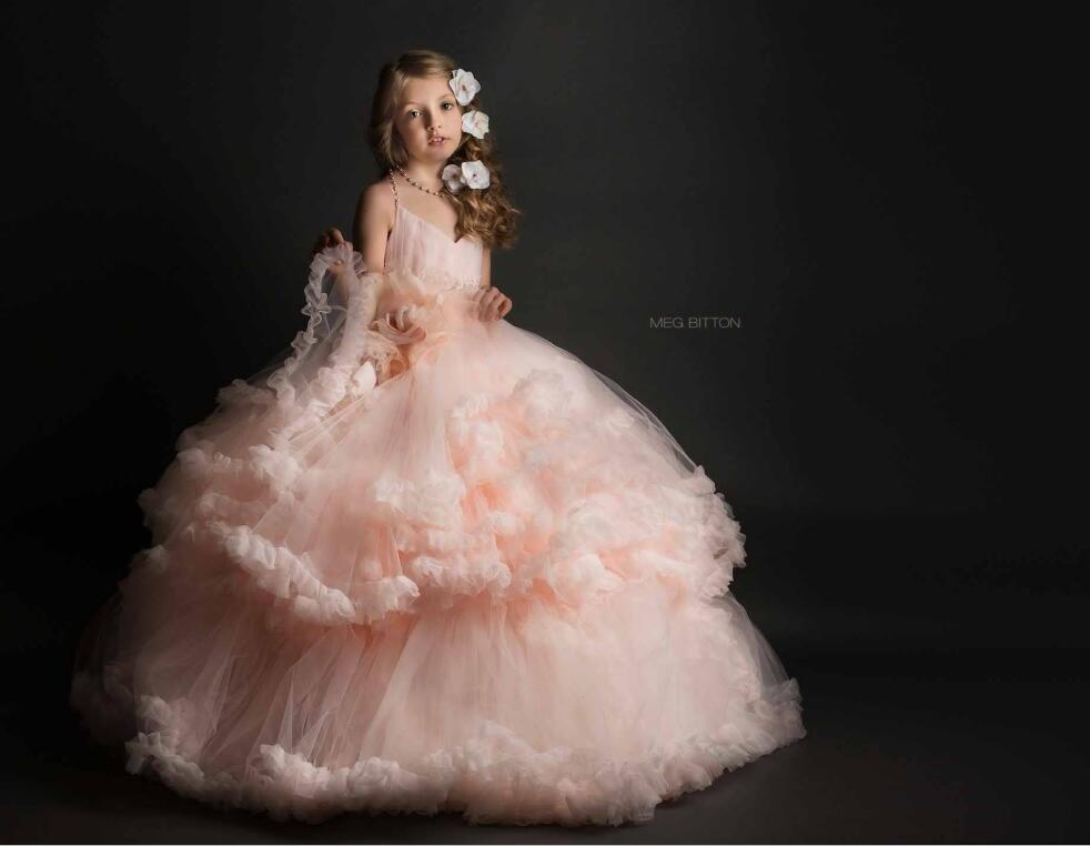 2020 Princess Light Pink Flower Girls Dresses Spagheti Tiered Ruffles Puffy Girl Pageant Birthday Kids Dress For Wedding