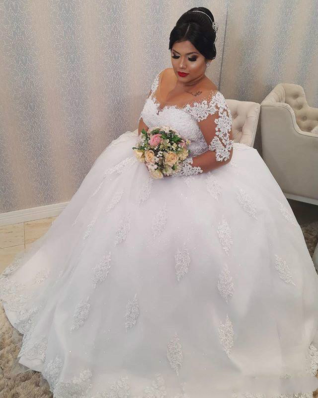 White Lace Appliques Plus size Wedding Dresses Long Sleeves Lace Up Back Wedding Gowns Bride Dresses robe de mariee