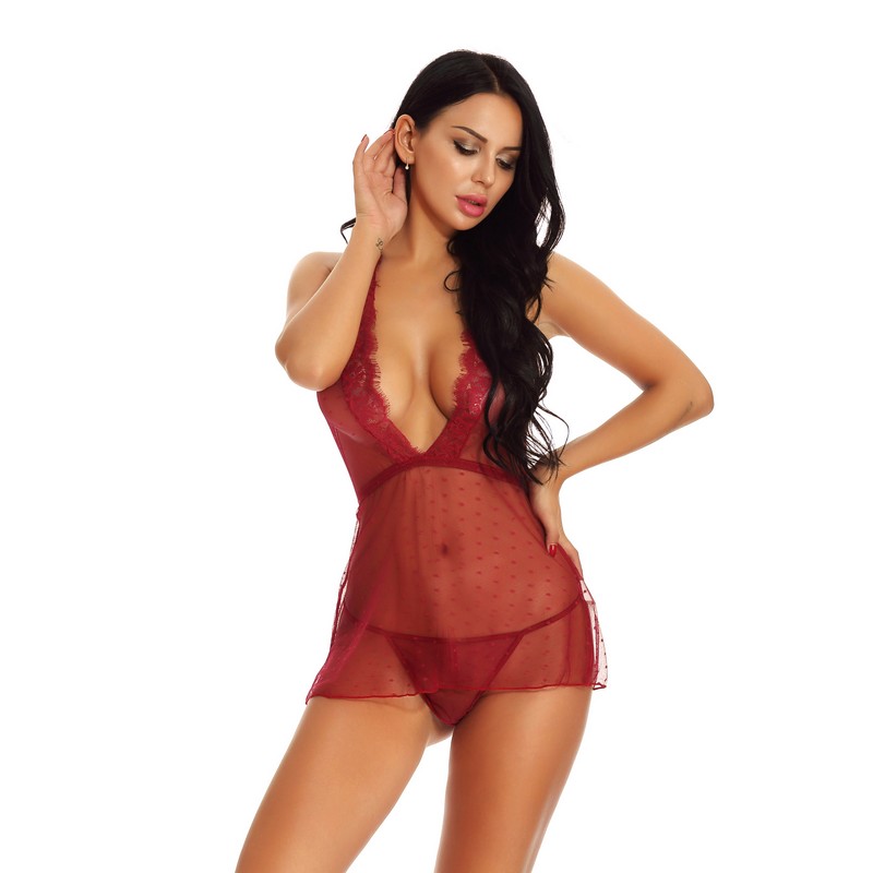 Women S-XXL Sexy Intimate Apparel Lingerie Dots Lacy Plunge V-neck Babydoll Chemise and Panty Set Sheer Lace Mesh Sleepwear Dress