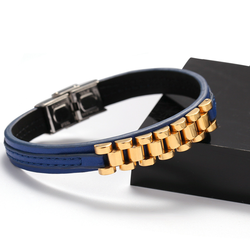 5 Colors for Options New Fashion Men Bracelets Gold Plated Stainless Steel Leather Bracelet for Men Nice Gift for Boy Friend