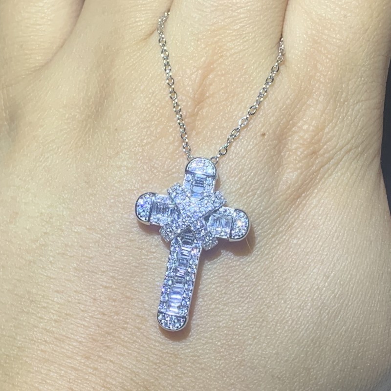 Sterling Sier Cross Pendant Necklace for Women - Cubic Zirconia, White, 45CM+5CM Chain, Elegant Clavicle Chain Free shipping