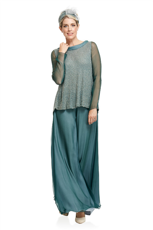 2020 Two Piece Suit Long Sleeve Mother Of The Bride Dress Chiffon Mother Dress Blue Formal Evening Gowns