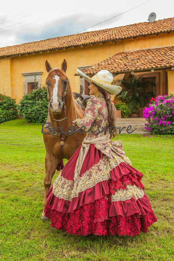 Traditional Red Mexican Quinceanera Dresses V Neck Embroidered Lace Long Sleeve Prom Cinderella Princess Cowgirl Sweet 16 Birthday Dress