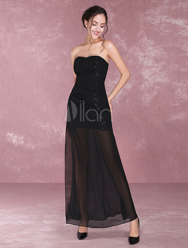 Strapless Chiffon Party Prom Dresses Spring Summer Sexy Black Women Elegant High Slit Sequins Long Evening Gowns Dresses