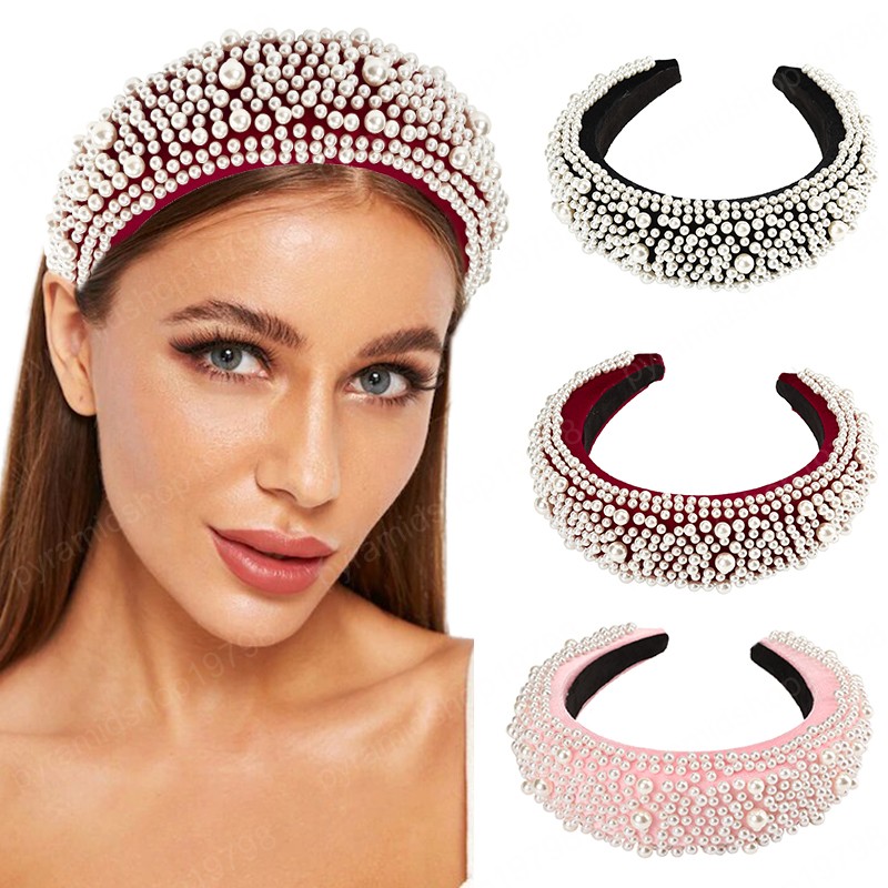 New Winter Padded Headband Hoop Fashion Rhinestone Pearl Hair Accessories for Women Sponge Headdress