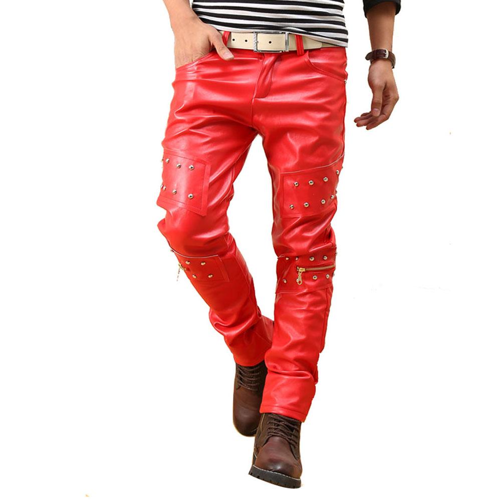 Men`s Punk Rock Red Studded Leather Motorcycle Hip Hop Hipster Night Club Biker Pants With Zippers Male