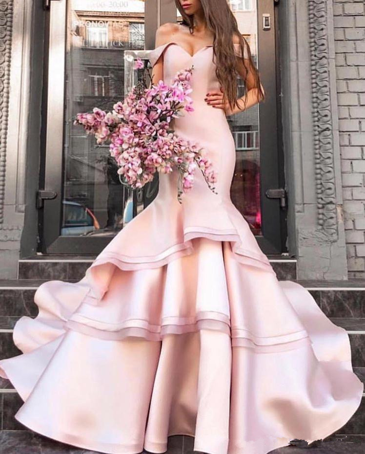 Gorgeous Prom Dresses Sexy Mermaid Formal Gowns Pink Satin Off The Shoulder Evening Party Dresses Tiered Prom Gowns Custom Made 2019 Hot