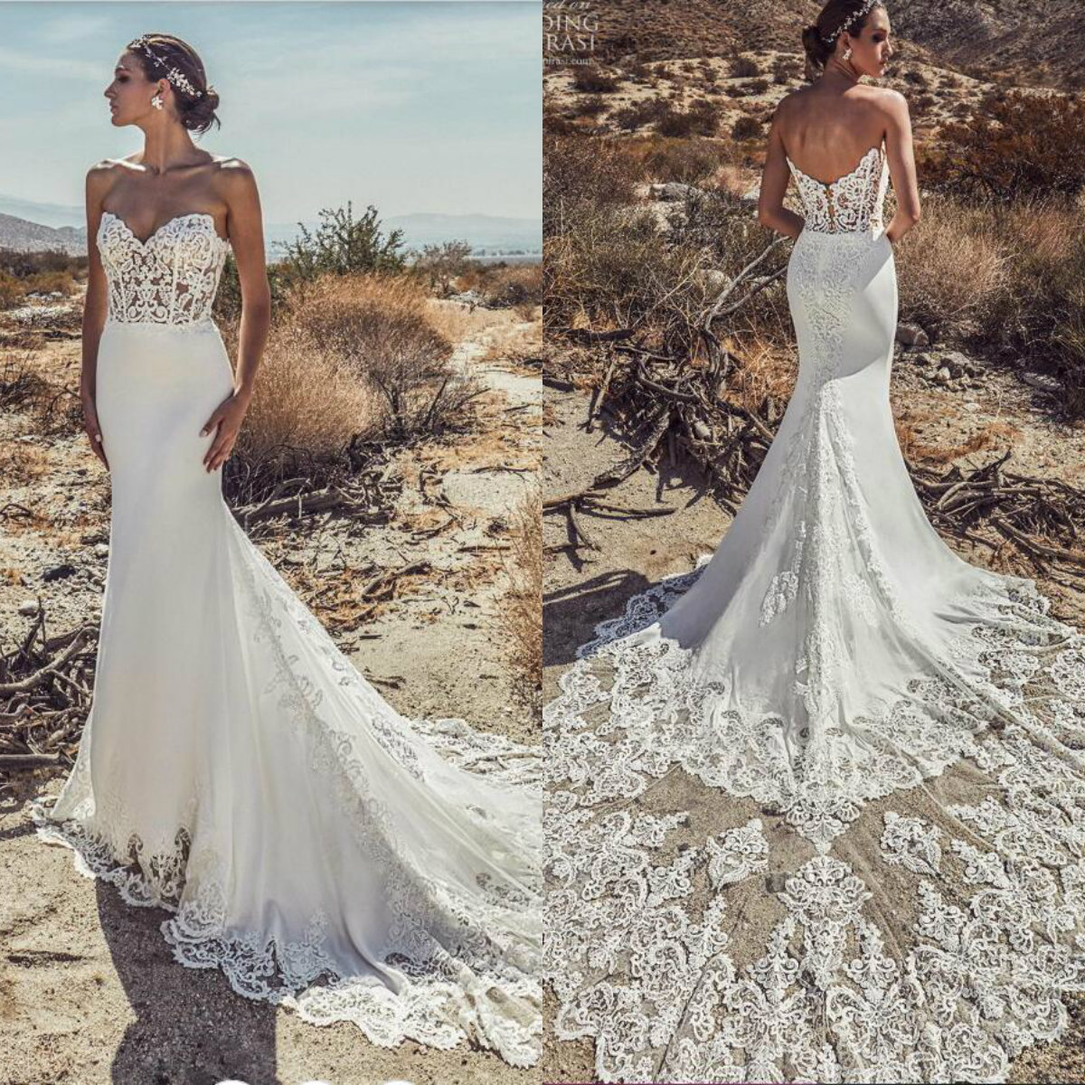 2019 Lace Wedding Dresses Sweetheart Appliqued Satin Sweep Train Illusion Bodice Mermaid Wedding Dress Custom Plus Size Beach Bridal Gowns