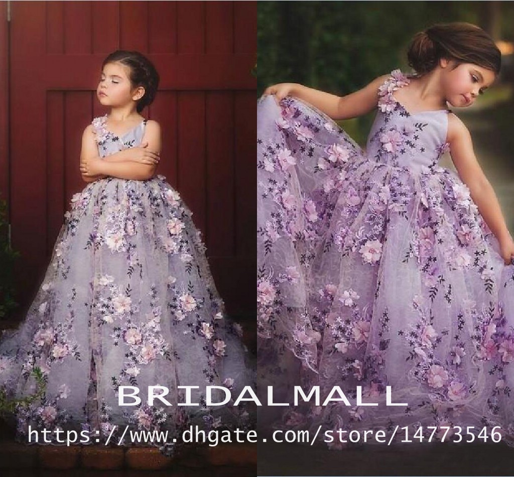 

Lavender Lace Little Girls Pageant Dresses 3D Floral Appliques Toddler Ball Gown Flower Girl Dress Floor Length Tulle First Communion Gowns, Ivory