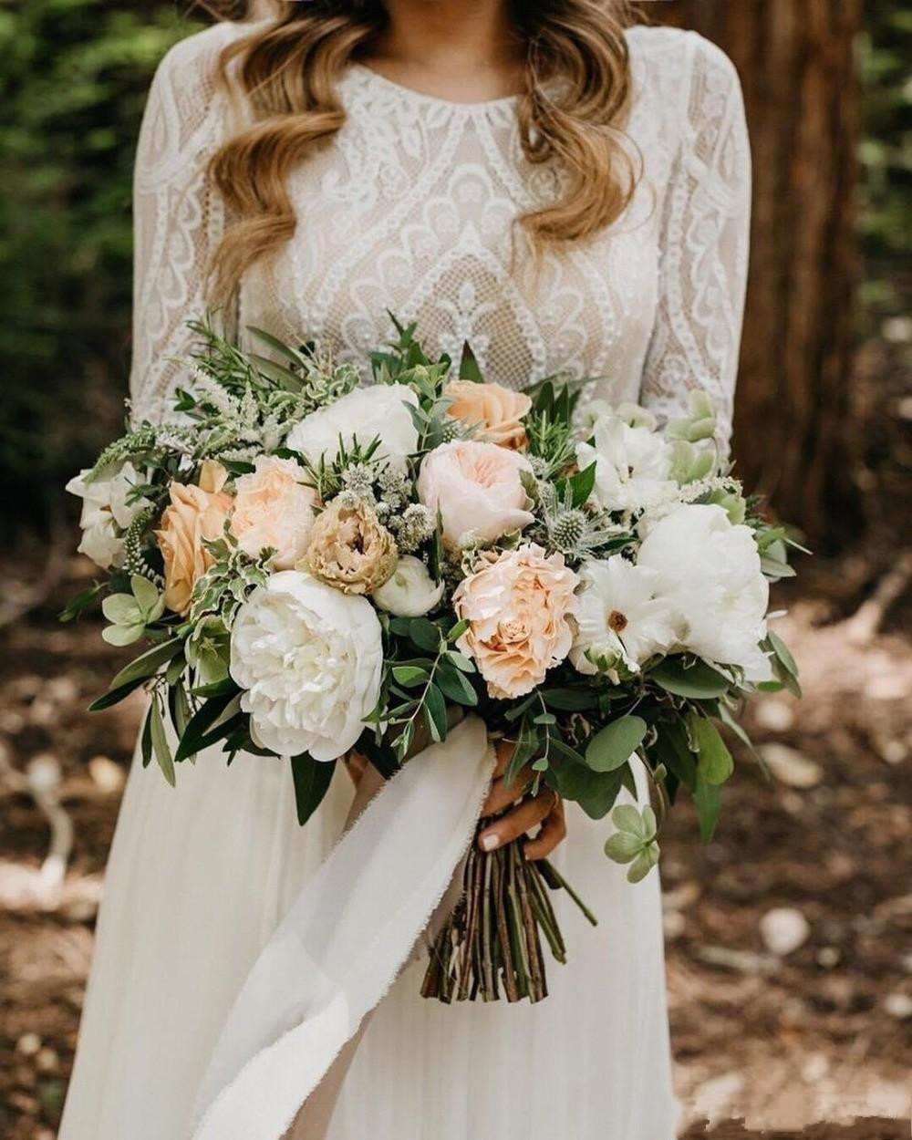 2020 Country Boho Wedding Dresses Long Sleeves Lace Applique Plus Size Bridal Gowns Open Back Chiffon Robe De Mariee