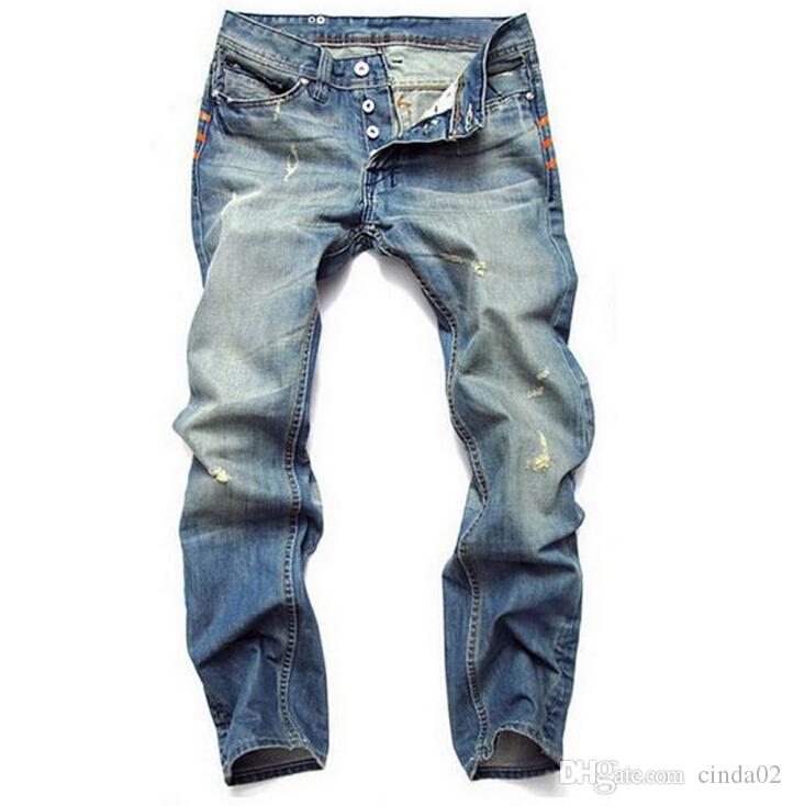 new fashion men slim casual pants elastic mens trousers light blue quality fit loose cotton denim brand jeans for men