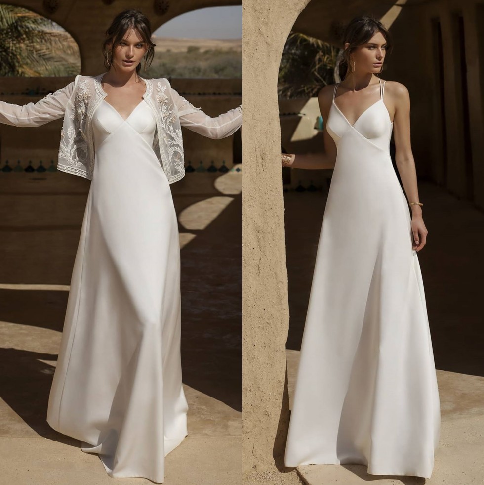 Line Graceful A Wedding Dresses With Long Sleeves Beaded Jacket V Neck Appliqued Bridal Gowns Floor Length Satin Robe De Marie ppliqued