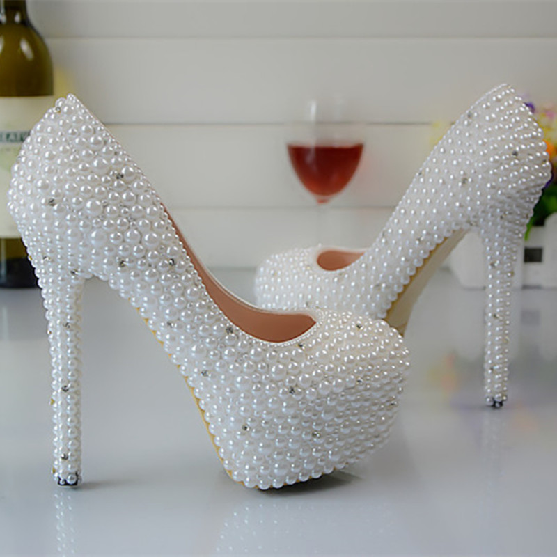 Glitter Wedding Shoes Pearls Beads Pumps High Heels Bridal Shoes Small Diamond 5cm 8cm 11cm 14cm Bling Bling Prom Shoes for Lady