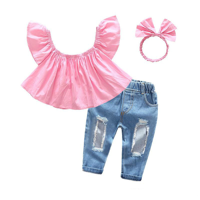 New Fashion Children Girls Clothes Off Shoulder Crop Tops White+ Hole Denim Pant Jean Headband 3pcs Toddler Kids Clothing