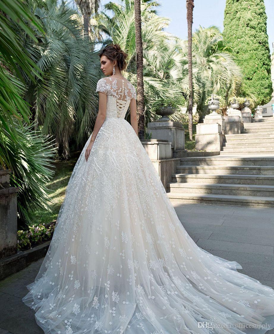 Elegant Appliques Newest Lace Wedding Dress A-Line Scoop Neck Cap Sleeve Beaded Vintage Sweep Train Bride Gowns Vestido De Noiva