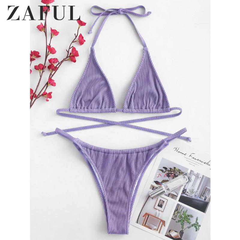 

ZAFUL Mini Bikini Textured Ribbed Halter Micro Bikini Set Unlined Wire Free Swimsuit Women Swimwear Solid String Bathing Suit