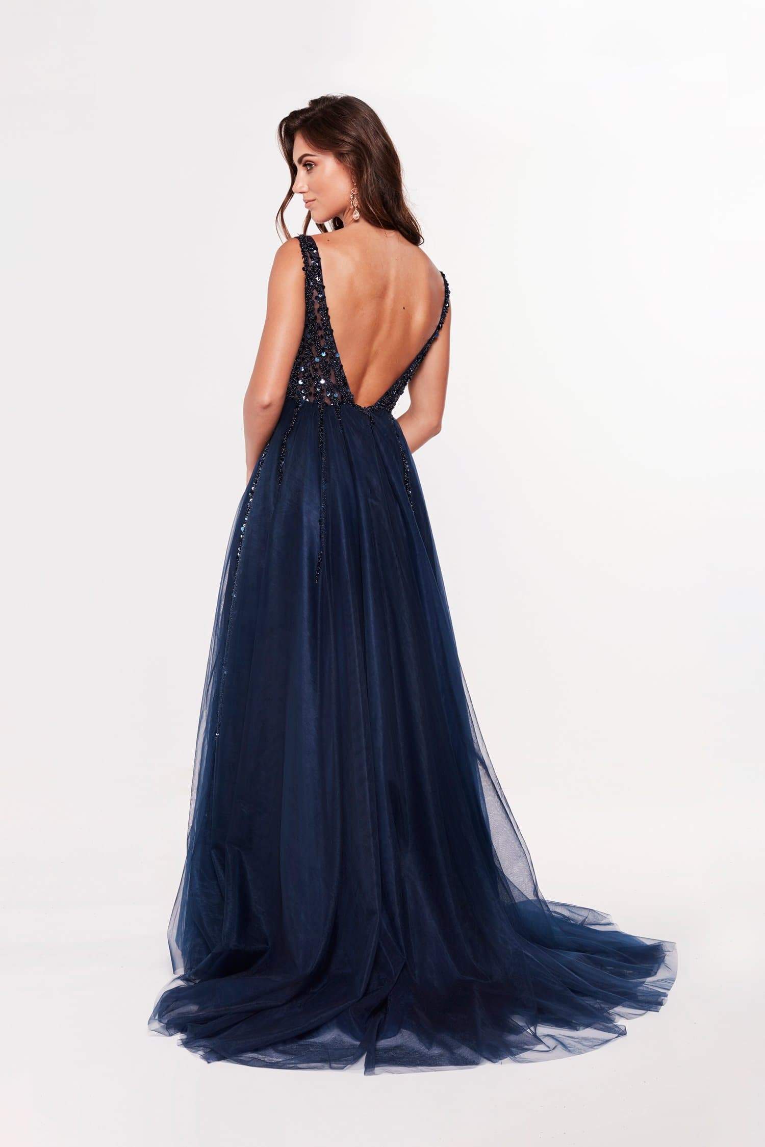 navy evening dresses v neck beaded sequins sleeveless prom gown backless ruffle high split sweep train custom made formal party gown