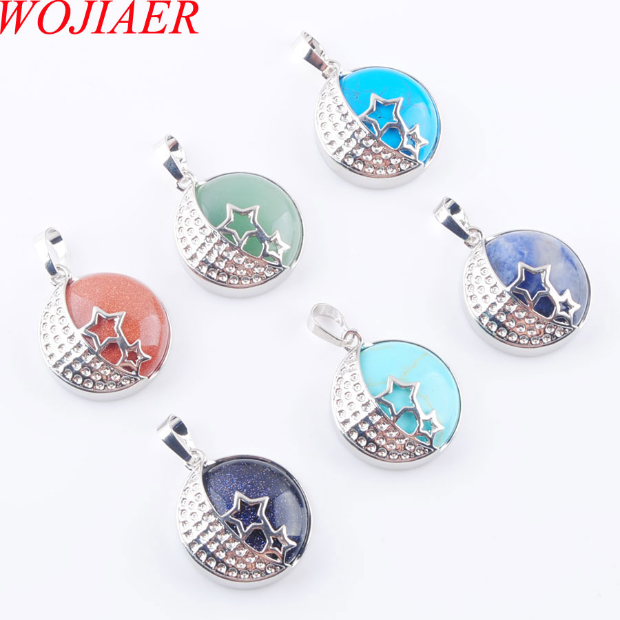 

WOJIAER Natural Crystal Agate Stone Pendant Jewelry Opal Agates Aventurine Round Moon Stars Back Hollow Design DBN367