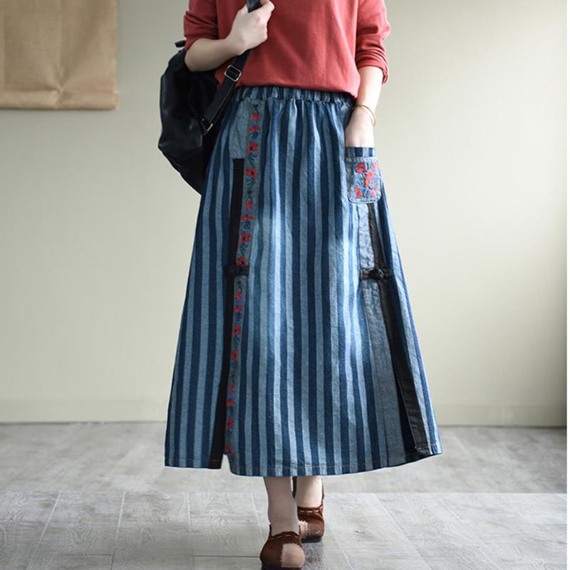 Plus Size A-line Long Denim Skirts Women Oversized Ethnic Embroidery Vintage Art Strip Loose Elastic High Waist Midi Skirts, Blue
Plus Size A-line Long Denim Skirts Women Oversized Ethnic Embroidery Vintage Art Strip Loose Elastic High Waist Midi Skirts, Blue