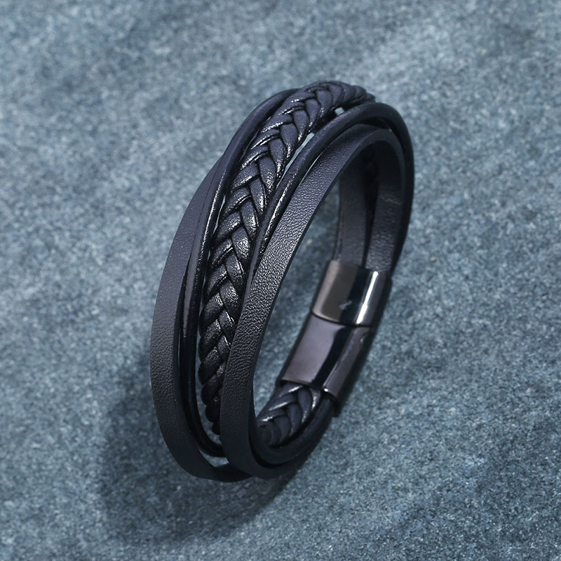 Simple Handmade Weave Multilayer Leather Stainless Steel Charm Bracelets Black Brown Rock Bangle Jewelry For Women Men