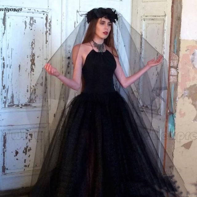 Custom Made Wedding,Gothic Black Wedding Dress A Line Tulle Bridal Gown Open Back Simple Elegant Mariage 0521