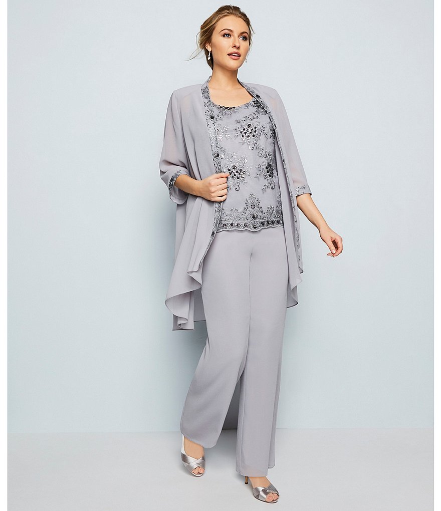 Plus Size Mother Of The Bride Dresses With Jacket Lace Chiffon Long Sleeves Three Pieces Silver Wedding Guest Dress Evening Gowns