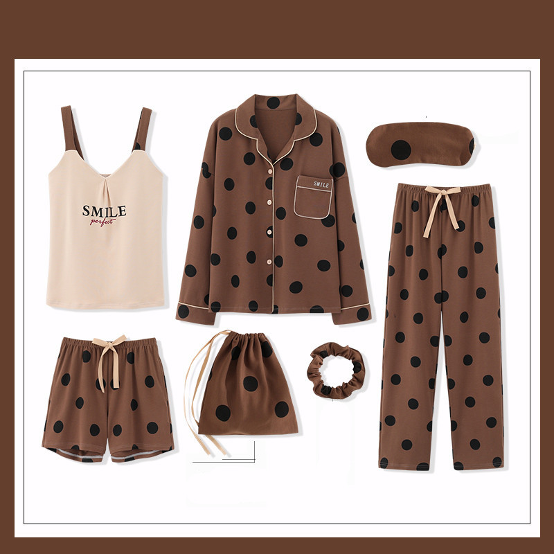 7pcs set Pyjamas Set Ladies Cotton Sweet Home Outerwear Women Sleepwear Wear Clothing Dot Print Pajama sets T200110