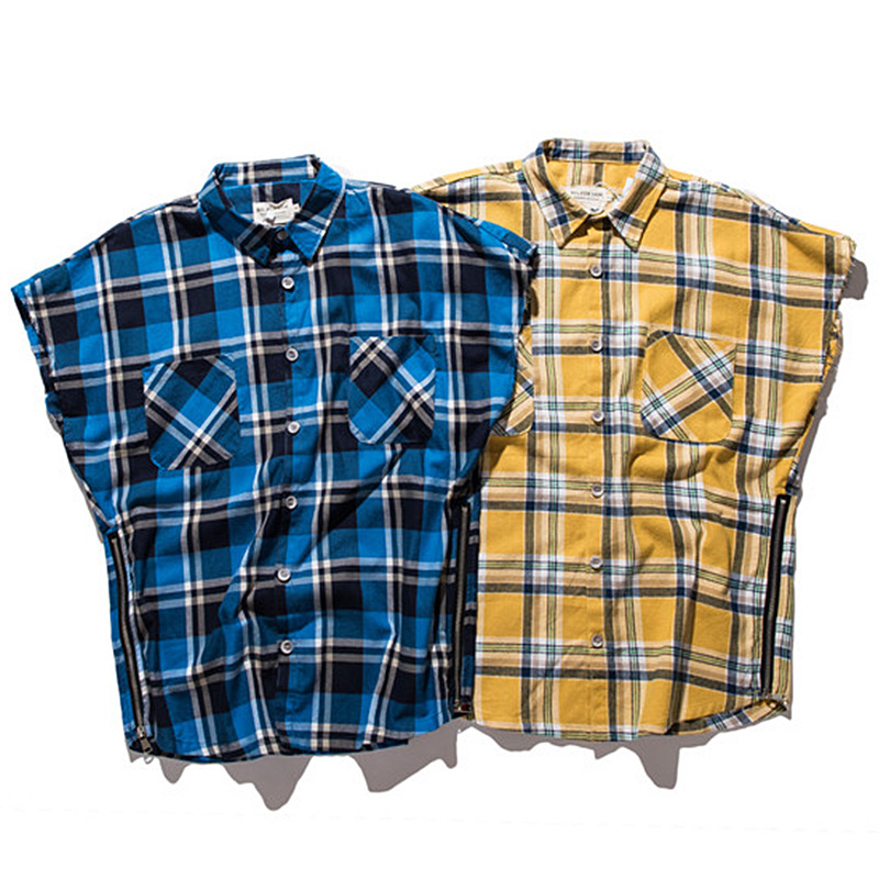 Sleeveless Plaid Shirt Men Flannel Summer Korean Oversized Casual Mens Shirts Fashion Check Stylish Shirts For Men Hiphop, Red