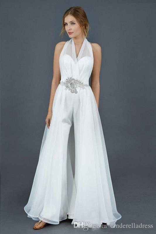 A Organza Stain e Jumpsuits With Overskirt Halter Neck Crystal Beaded Sash Beach Country Style Wedding Dress Jumpsuit