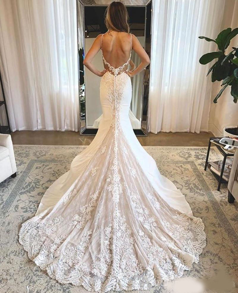 Sexy Mermaid Wedding Dresses 2020 Spaghetti Straps Open Back Long Boho Country Bridal Gowns Lace Appliqued Vestidos De Novia Custom