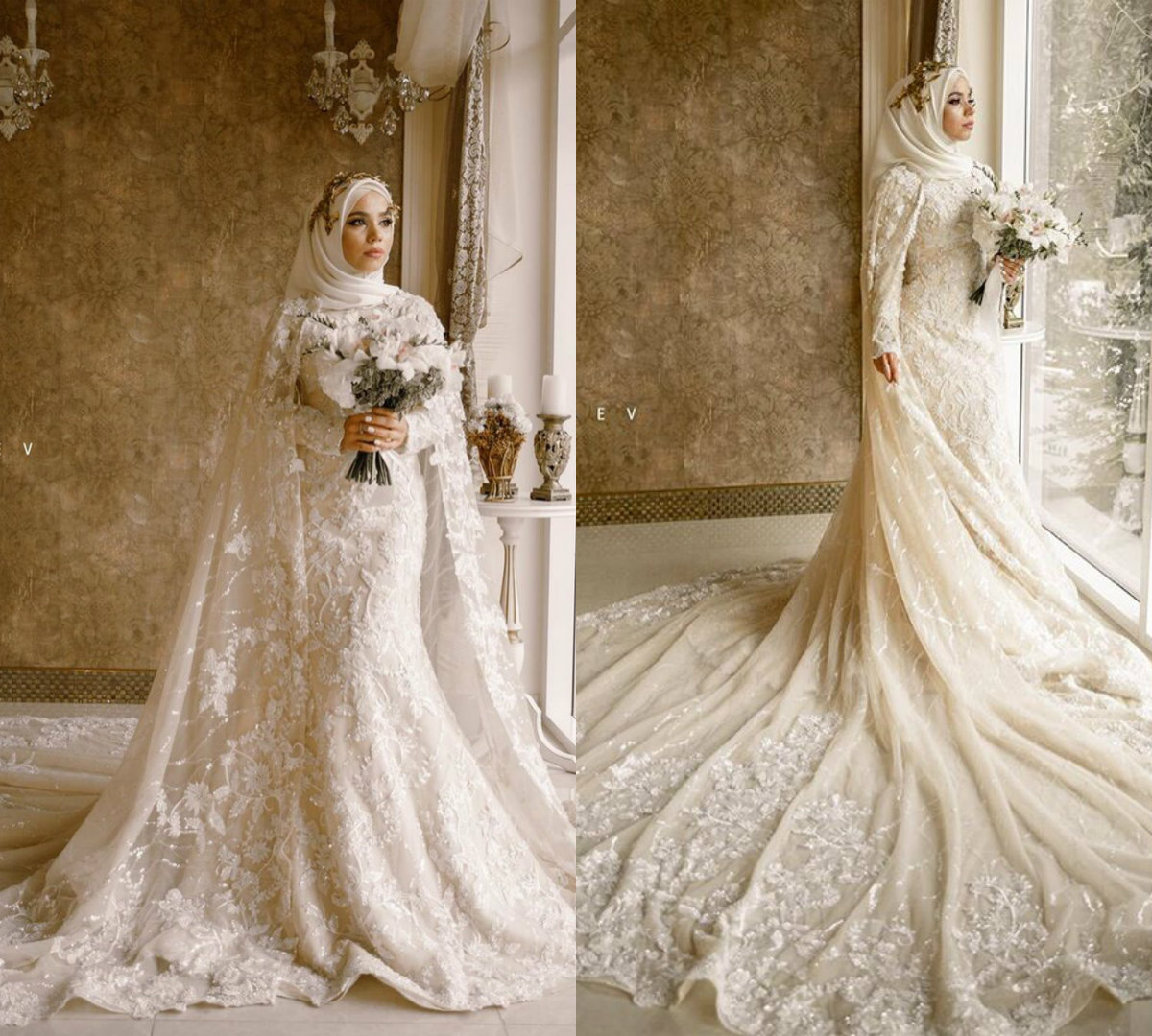 2020 New Arrival Mermaid Wedding Gowns High Neck Long Sleeve Tulle Lace Wedding Dresses Sweep Length Applique Beads Zipper Bridal Gowns